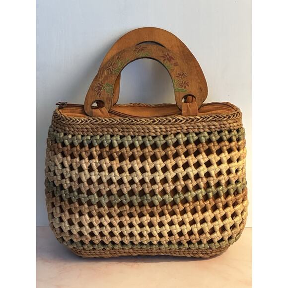 Straw Women’s Tricolor Wooden Decorative Top Handle Handbag Straw Handbag - Picture 1 of 16